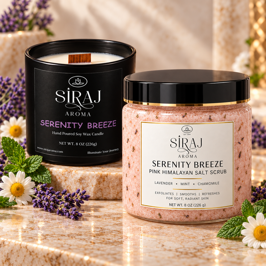 Serenity Breeze candle and matching body scrub