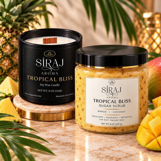 Tropical Bliss candle and matching body scrub